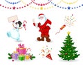 Santa Claus, Snowman and Christmas tree with gifts. Santa Claus reads  letter, the snowman holds an envelope in his hands. Royalty Free Stock Photo